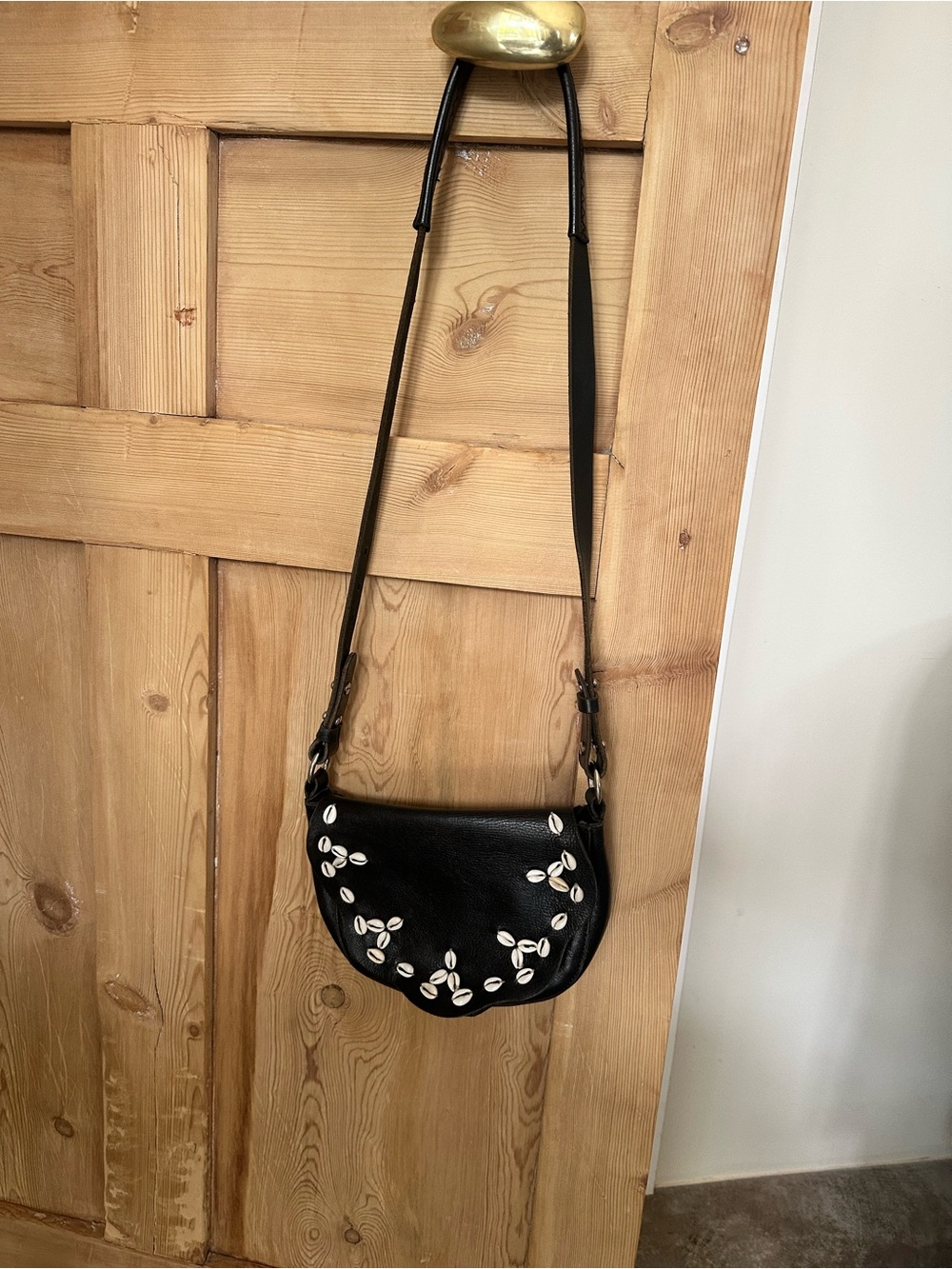 Tylie Malibu Black Leather Crossbody with Shell Embellishments